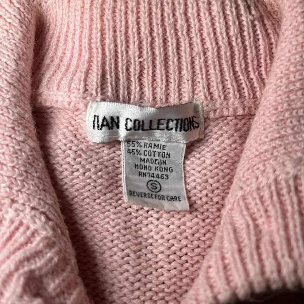 Tian Collection Pink Short Sleeve Cable Knit Cardigan Sweater Sz S Vtg Chunky